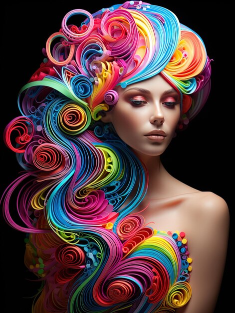 una donna con i capelli arcobaleno e i capelli dell'arcobaleno è mostrata in una foto