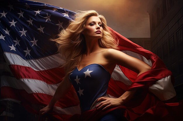 una donna con i capelli biondi è in piedi davanti a una bandiera americana