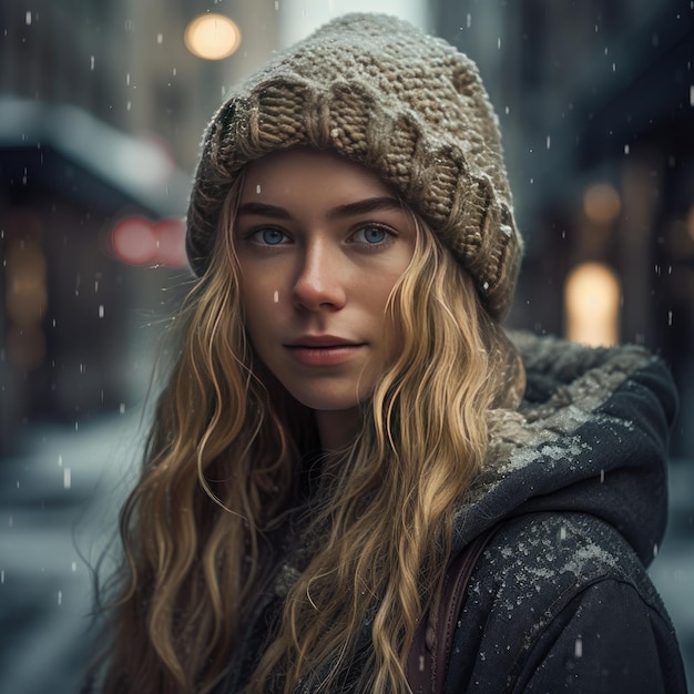 Una donna con i capelli biondi e un cappello è in piedi nella neve.