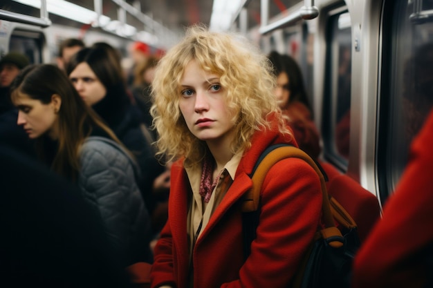 una donna con i capelli biondi seduta su un treno della metropolitana