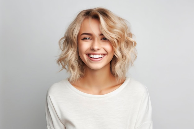 Una donna con i capelli biondi sorride e sorride.