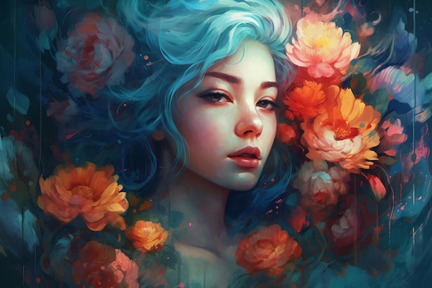 Una donna con i capelli blu e dei fiori in testa