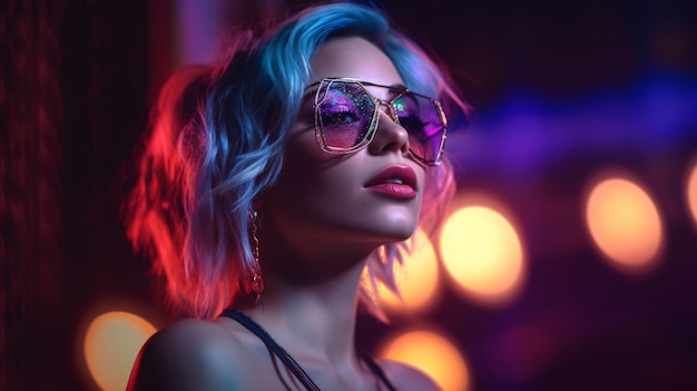 Una donna con i capelli blu e gli occhiali da sole rosa e blu guarda nella telecamera.