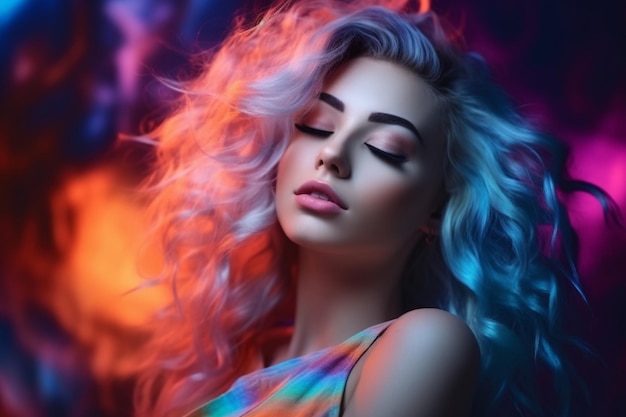 Una donna con i capelli blu e i capelli arcobaleno