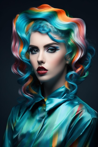 Una donna con i capelli blu e i capelli arcobaleno