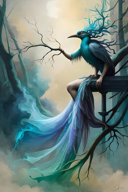 Una donna con i capelli blu e i capelli blu si trova su un tronco d'albero
