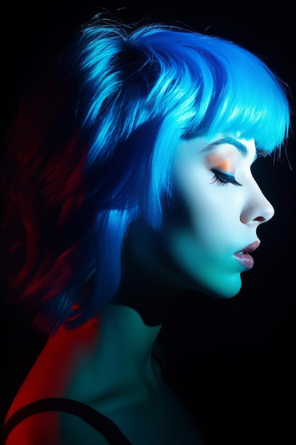 Una donna con i capelli blu e i capelli blu