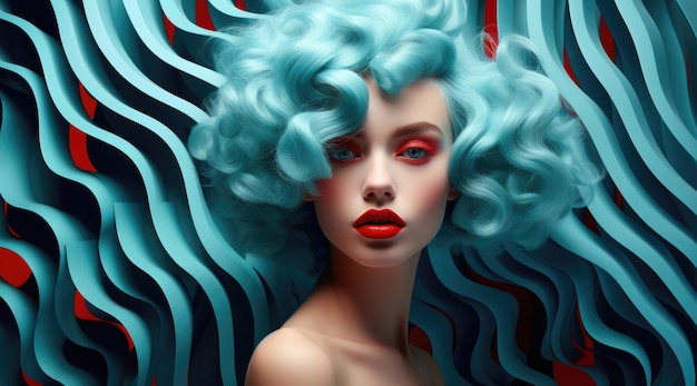 una donna con i capelli blu e il rossetto rosso