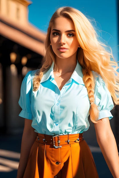 Una donna con i capelli blu e la camicia blu che cammina per le strade estive