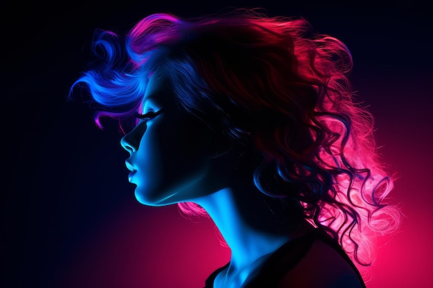 una donna con i capelli blu e rosa nell'oscurità