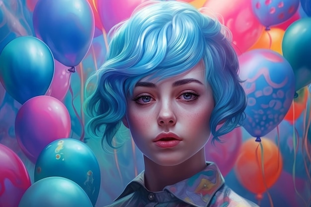 Una donna con i capelli blu e un palloncino colorato