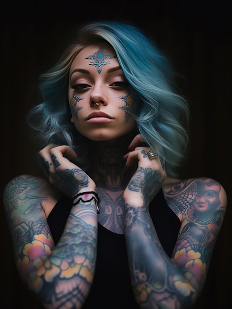 Una donna con i capelli blu e un tatuaggio sul viso
