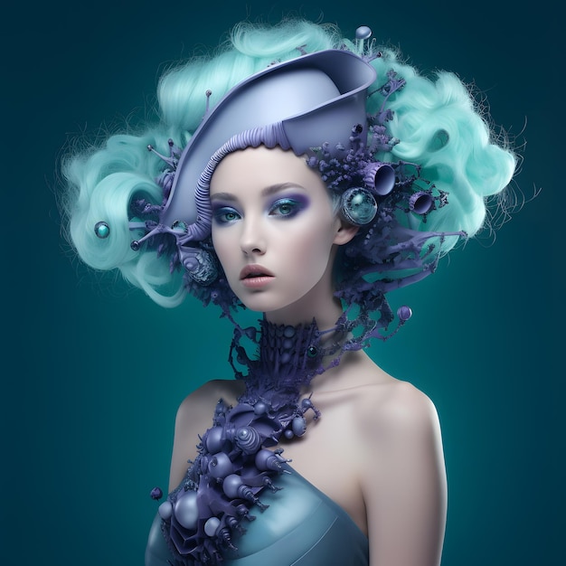 Una donna con i capelli blu e un vestito blu con un mazzo di perle in testa