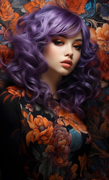 una donna con i capelli blu fiori viola e rossetto colorato