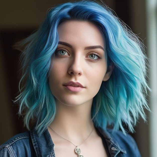 una donna con i capelli blu
