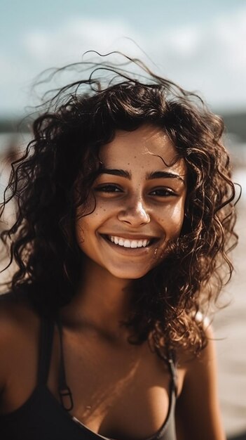 Una donna con i capelli castani che sorride alla macchina fotografica