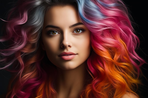 Una donna con i capelli colorati e lo sfondo nero è mostrata in questa foto artistica Generative AI