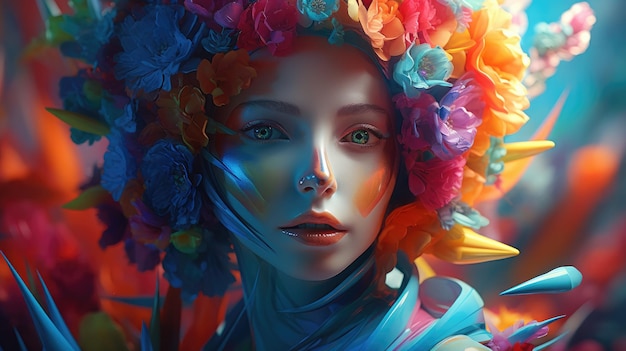 Una donna con i capelli colorati e una corona di fiori