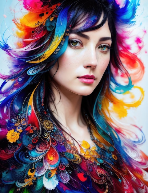 Una donna con i capelli colorati e uno stile di capelli arcobaleno