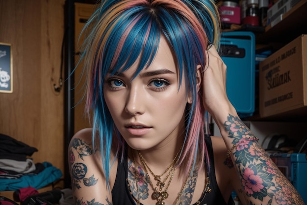 Una donna con i capelli colorati ha capelli colorati e tatuaggi sul braccio.