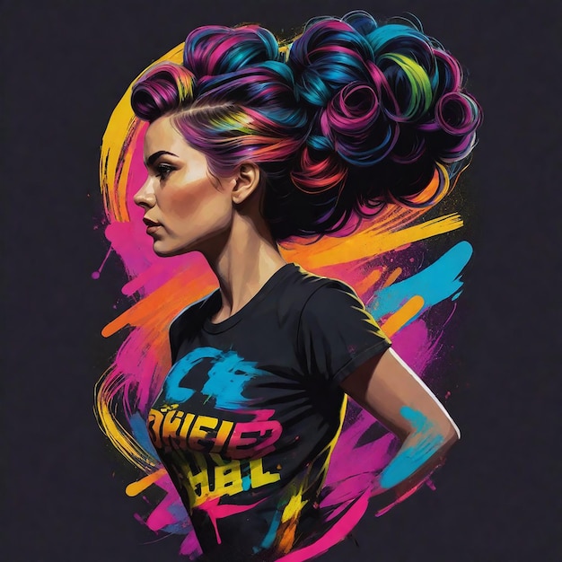 una donna con i capelli colorati sulla maglietta