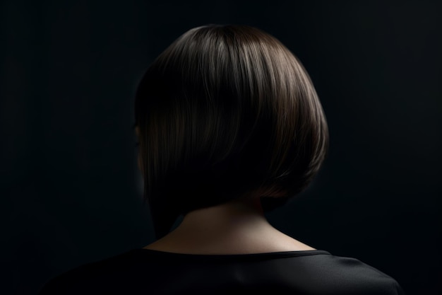 Una donna con i capelli corti si trova davanti a uno sfondo nero.