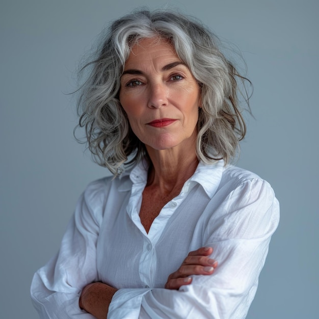 Una donna con i capelli grigi e una camicia bianca