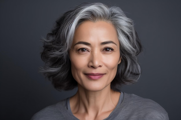 una donna con i capelli grigi e una camicia grigia