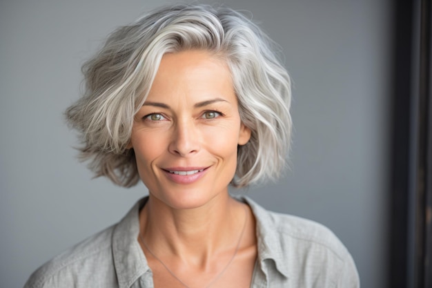 una donna con i capelli grigi e una camicia grigia