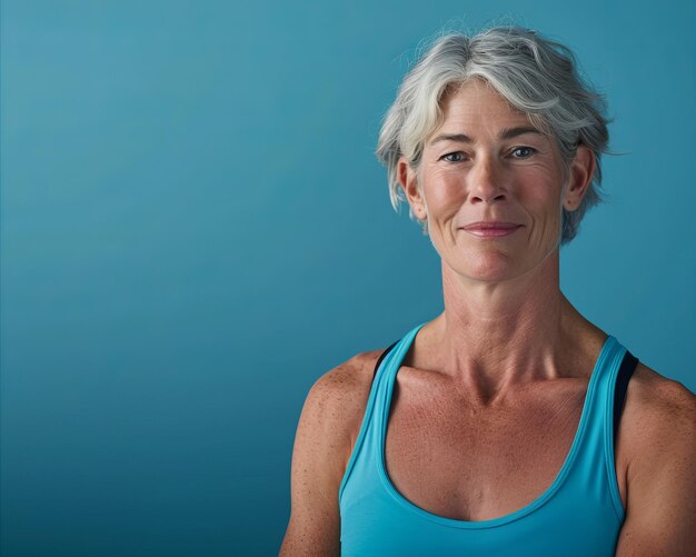 Una donna con i capelli grigi e una canottiera blu