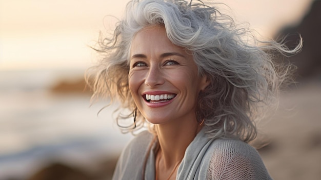 Una donna con i capelli grigi sorride alla telecamera.