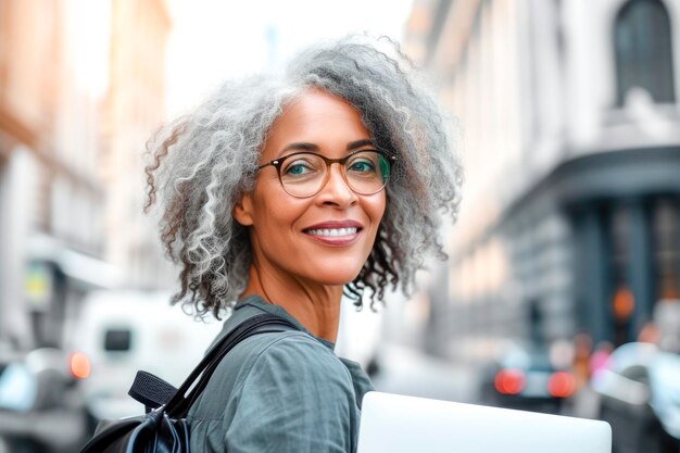 Una donna con i capelli grigi sta sorridendo e tiene una tavoletta in mano