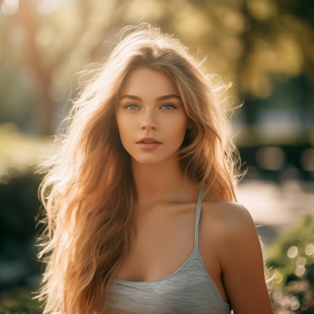 una donna con i capelli lunghi biondi e una maglietta grigia si trova al sole.