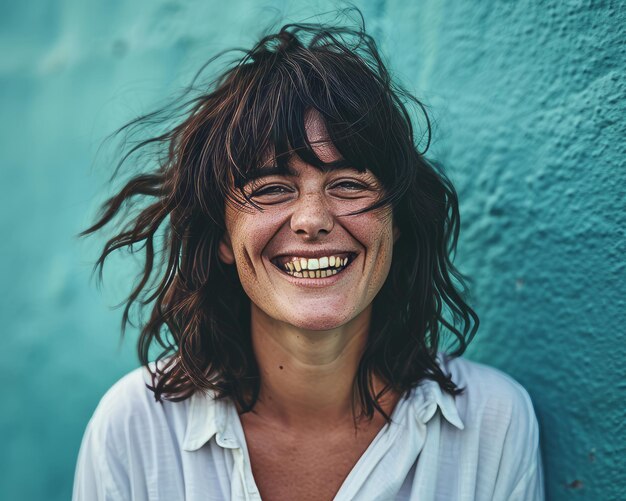 Una donna con i capelli lunghi che sorride di fronte a un muro blu