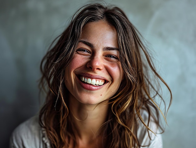 Una donna con i capelli lunghi che sorride e guarda la telecamera