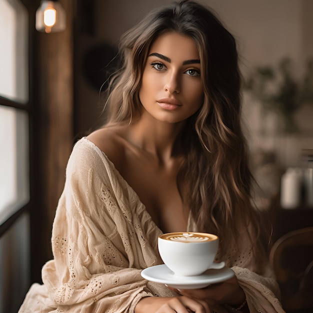 una donna con i capelli lunghi che tiene una tazza di caffè.