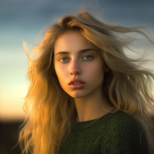 una donna con i capelli lunghi e biondi e un maglione verde.