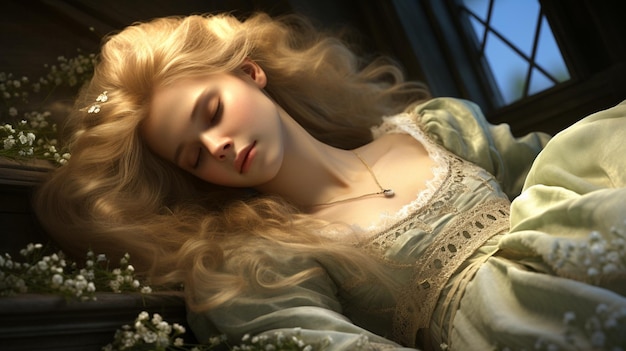 una donna con i capelli lunghi e biondi sdraiata su un letto con dei fiori nei capelli.