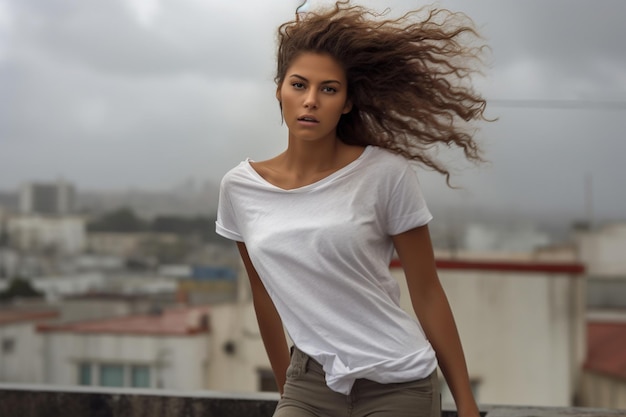 una donna con i capelli lunghi è in piedi su un muro e i suoi capelli soffiano al vento.