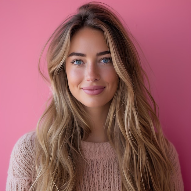 Una donna con i capelli lunghi e un maglione che posa per una foto con uno sfondo rosa e una parete rosa