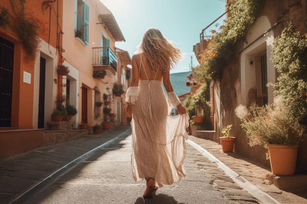 Una donna con i capelli lunghi e un prendisole che cammina attraverso una piccola città vista posteriore IA generativa