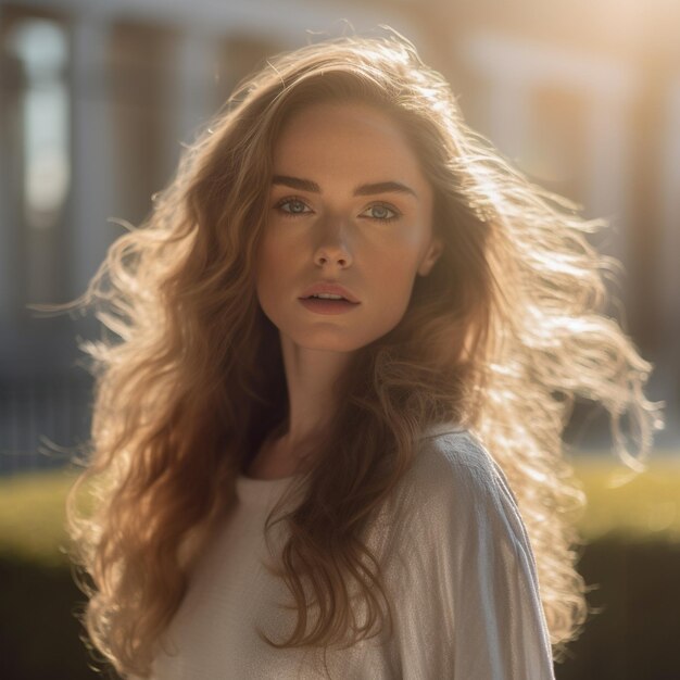 una donna con i capelli lunghi e un top bianco si trova di fronte a un edificio bianco.