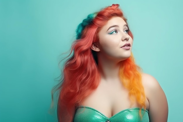 Una donna con i capelli lunghi e un top verde con capelli arancioni e blu.