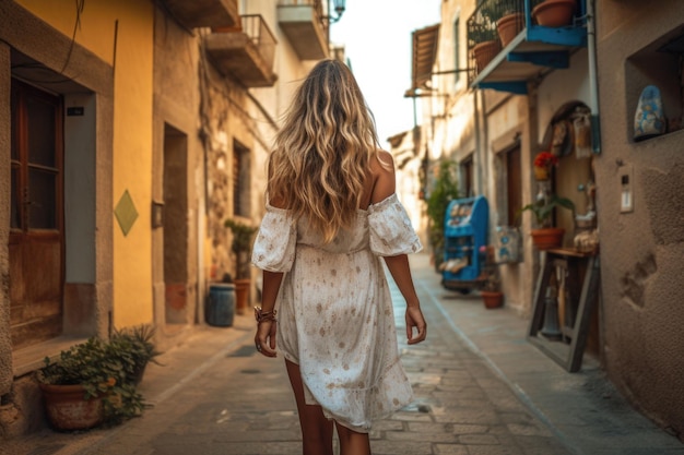 Una donna con i capelli lunghi e un vestito leggero a taglio basso che cammina attraverso una vista posteriore della città AI generativa