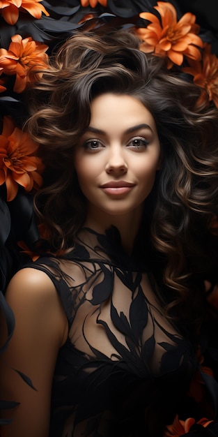 una donna con i capelli lunghi e un vestito nero con fiori sullo sfondo