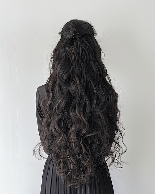 una donna con i capelli lunghi e un vestito nero con un nastro al centro
