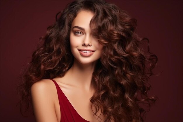 una donna con i capelli lunghi e un vestito rosso con i capelli ricci lunghi