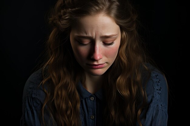 una donna con i capelli lunghi e una camicia blu sta guardando giù.