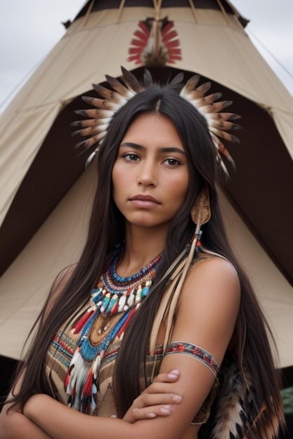 una donna con i capelli lunghi e una collana colorata è in piedi davanti a una tenda.