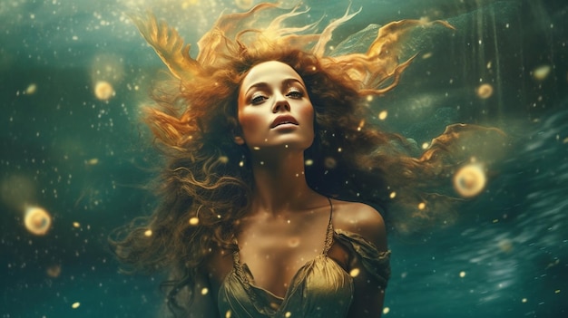Una donna con i capelli lunghi e una collana d'oro giace nell'acqua.